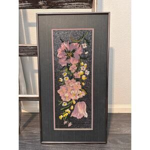 VTG Beaded Needlepoint Flower Art Wall Decor Framed Matted Micro Bead Artwork